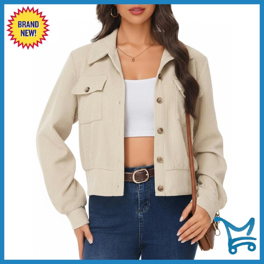 Cropped Corduroy Shacket Jacket - Polyester, Button Front, Chest Pockets